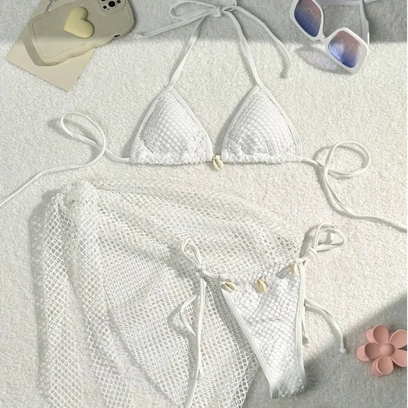 Sexy 3-teiliges Brazilian Bikini Set – Damen Push-Up Badeanzug mit Strandrock & Low-Waist Slip